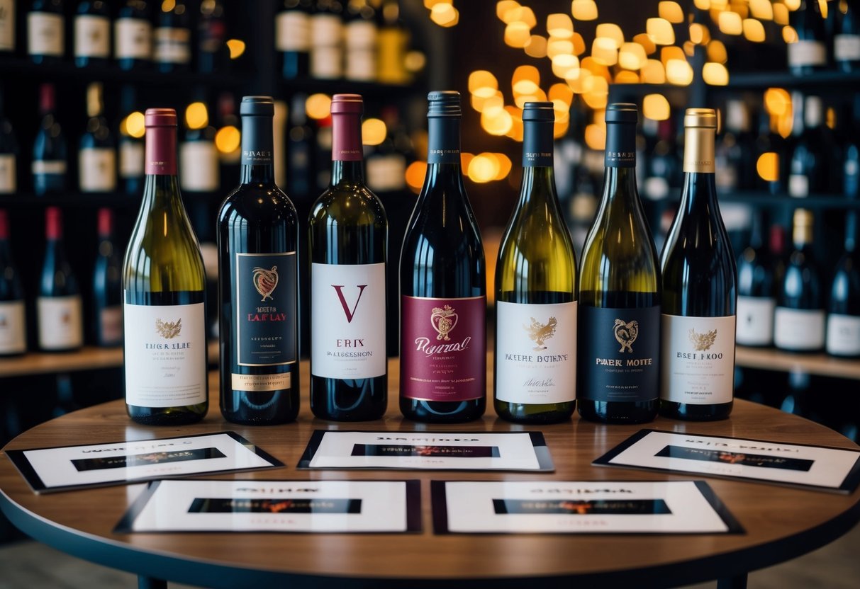 A table with various wine bottles and promotional materials