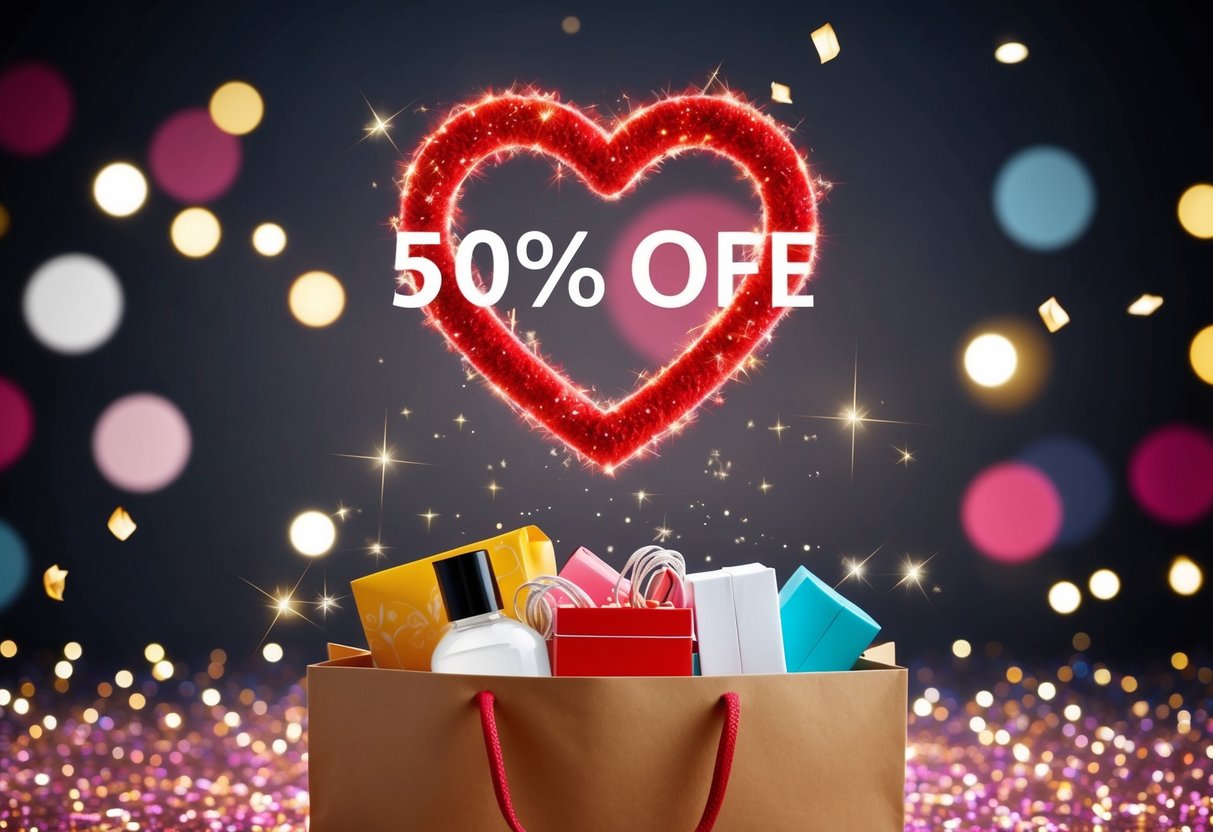 A red heart-shaped discount code hovers above a shopping bag filled with items, surrounded by sparkles and confetti