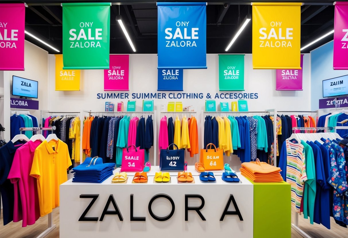 A colorful display of summer clothing and accessories on sale at Zalora, with vibrant banners and promotional signs