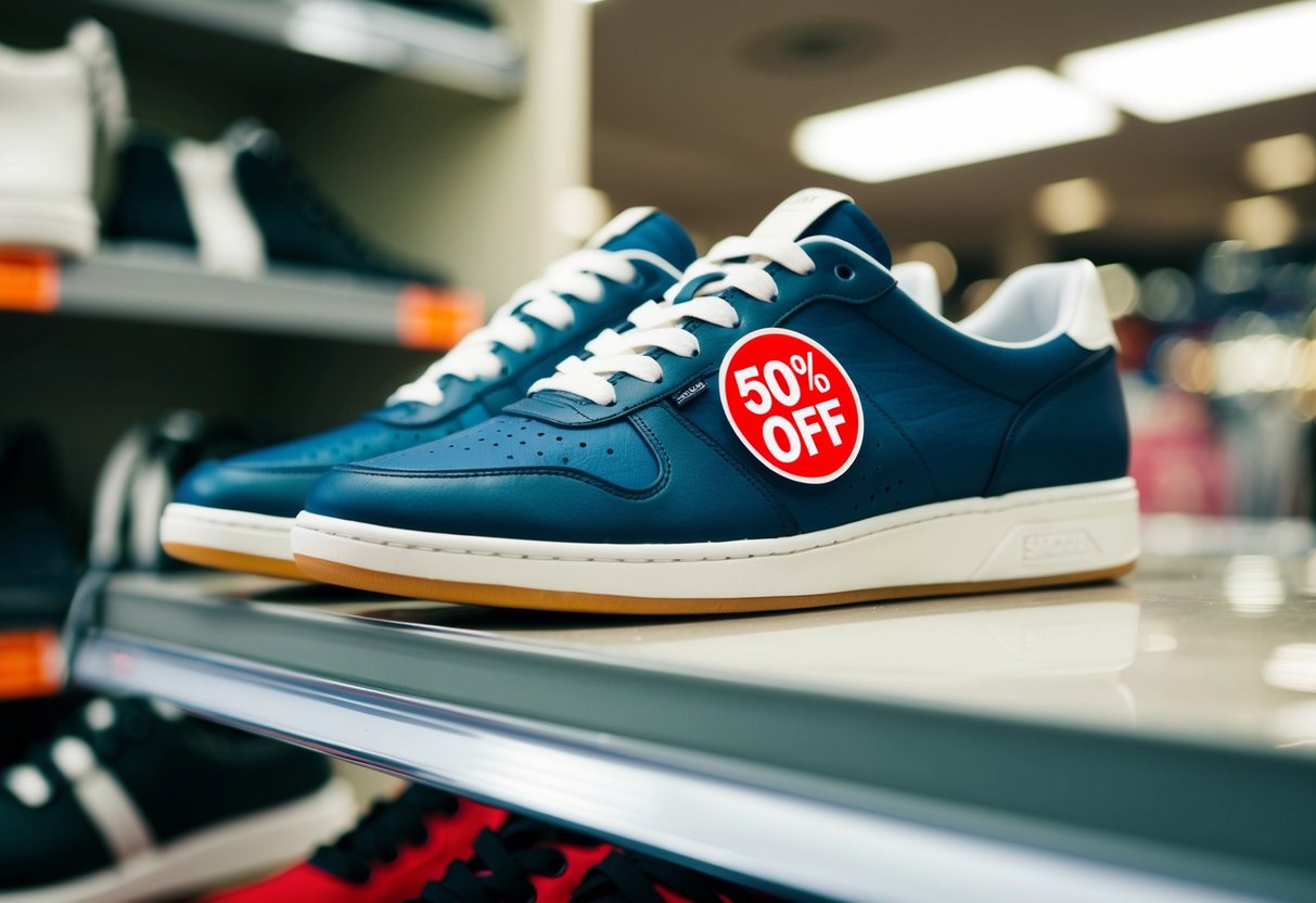 Two pairs of shoes on a store shelf, one with a 50% off sticker