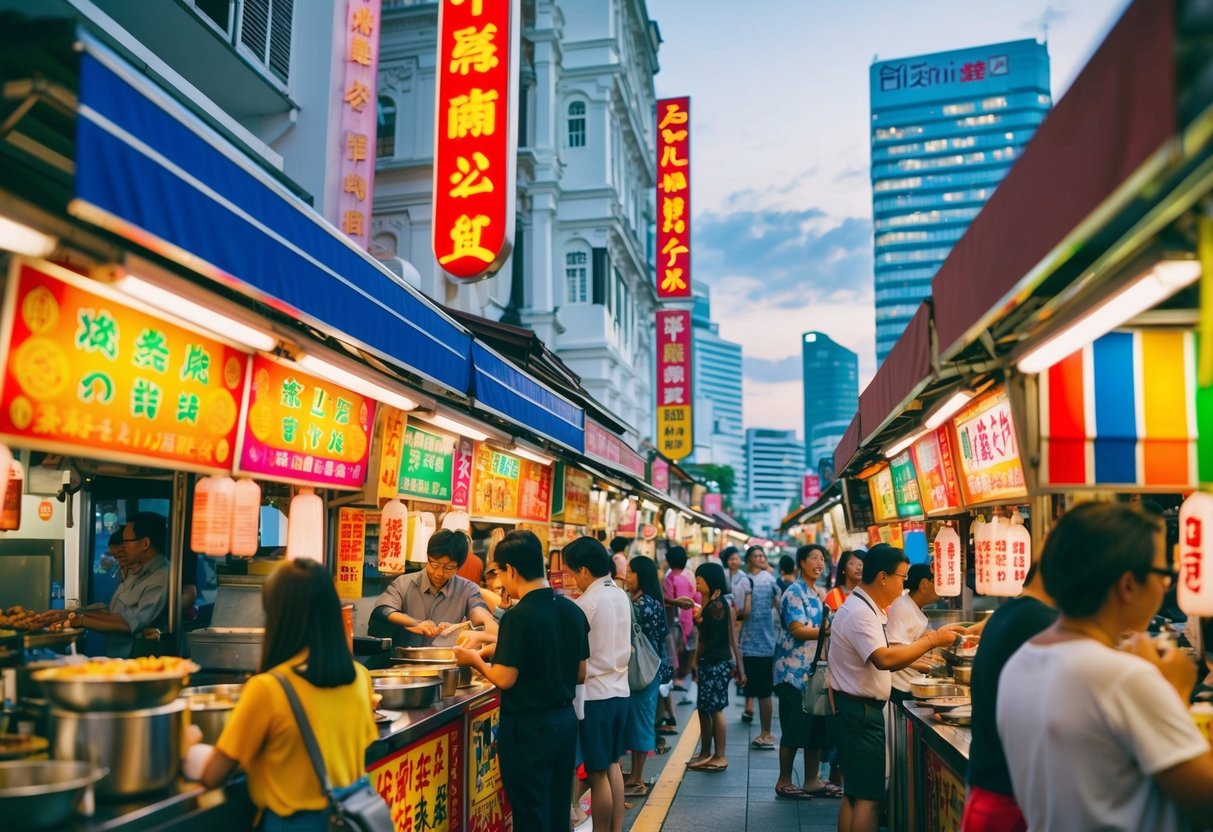 A bustling street in Singapore with colorful yatai (food stalls) promoting their offerings, surrounded by eager customers and vibrant signage
