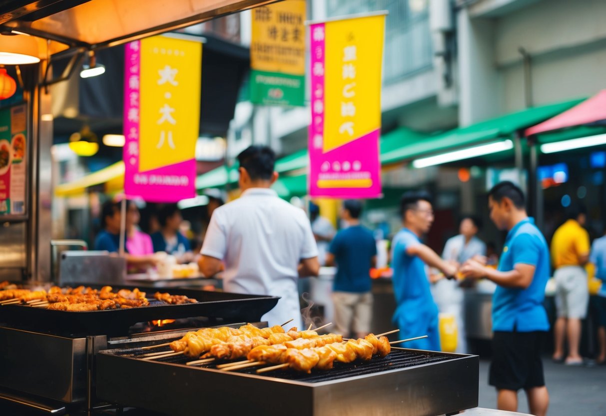 A bustling street food stall in Singapore, with sizzling yakitori skewers on a grill and colorful promotional banners fluttering in the breeze