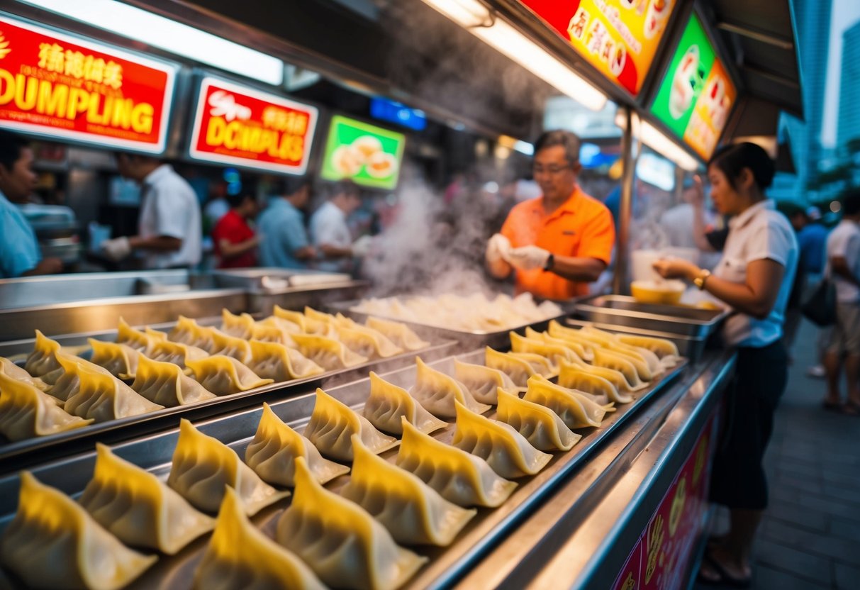 A bustling Singapore street food stall showcases steaming Gyoza Dumplings, enticing passersby with their tantalizing aroma and vibrant promotional displays