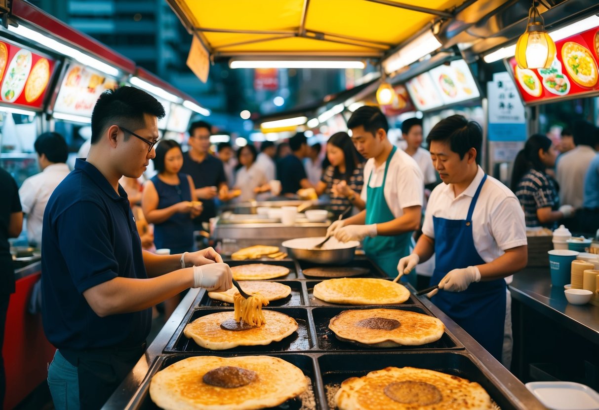 A bustling Singapore street food market with colorful yatai stalls selling sizzling Okonomiyaki Pancakes, surrounded by eager customers