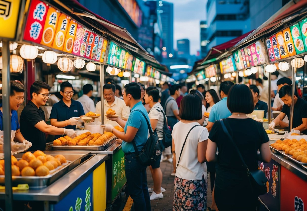 A bustling Singapore street market with colorful yatai stalls selling sumptuous takoyaki balls, surrounded by eager customers