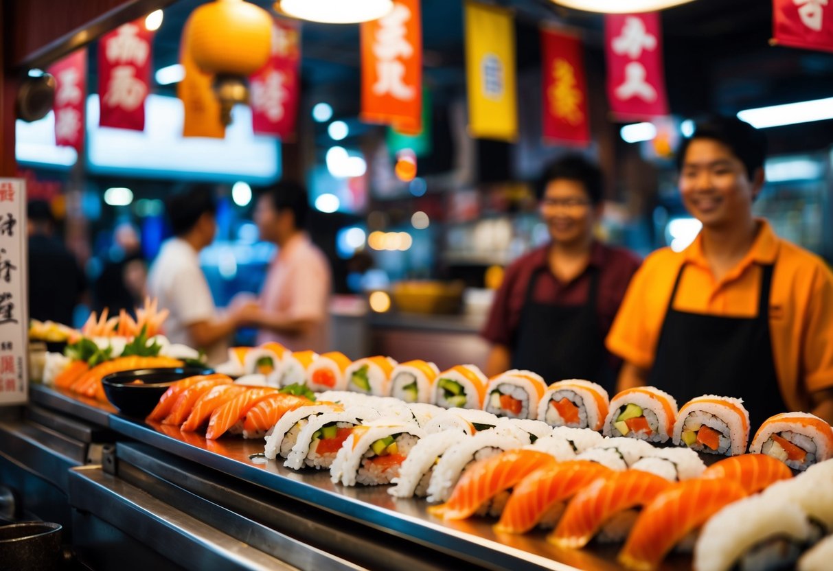 A bustling yatai in Singapore showcases an array of authentic sushi rolls, with colorful banners fluttering in the background