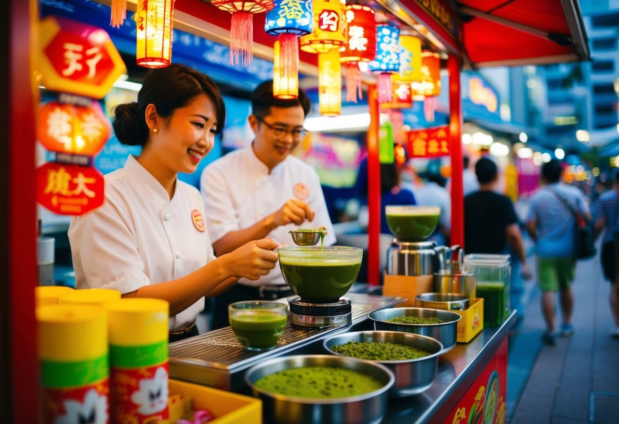 A bustling yatai stall in Singapore serves up refreshing matcha tea, surrounded by vibrant promotional decorations