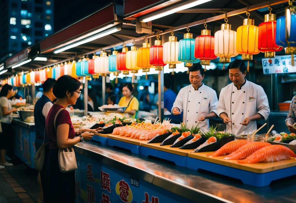 A bustling night market with colorful yatai stalls showcasing exquisite sashimi platters in Singapore