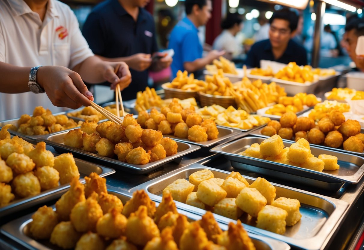 A bustling yatai stall in Singapore showcases an array of golden and crispy tempura bites, attracting eager customers with its tantalizing aroma