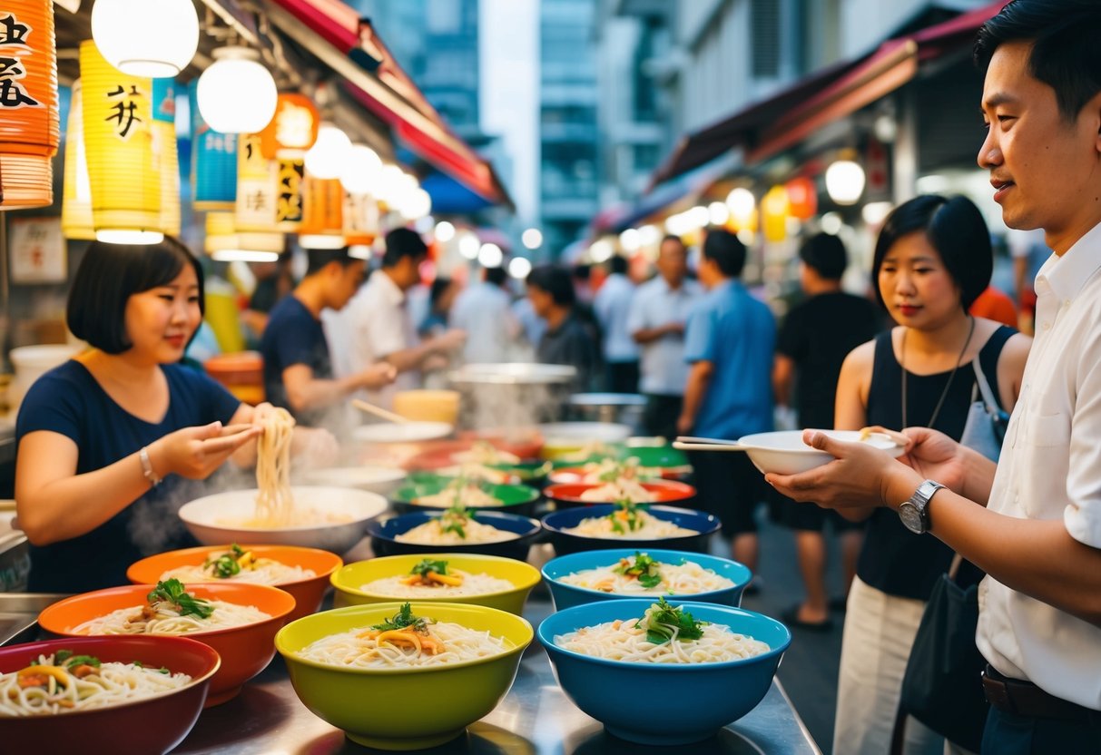 A bustling Singapore street market with colorful yatai stalls selling inviting bowls of steaming udon noodles