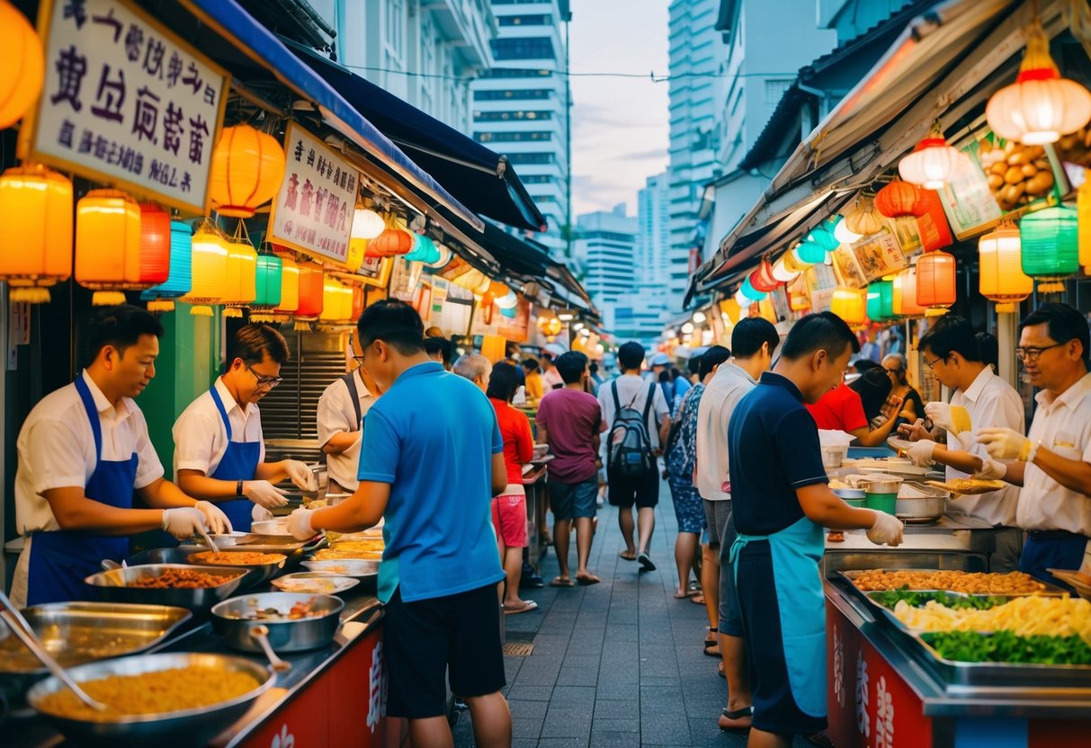 A bustling street filled with colorful yatai (food stalls) in Singapore, with vendors promoting their delicious dishes to passersby