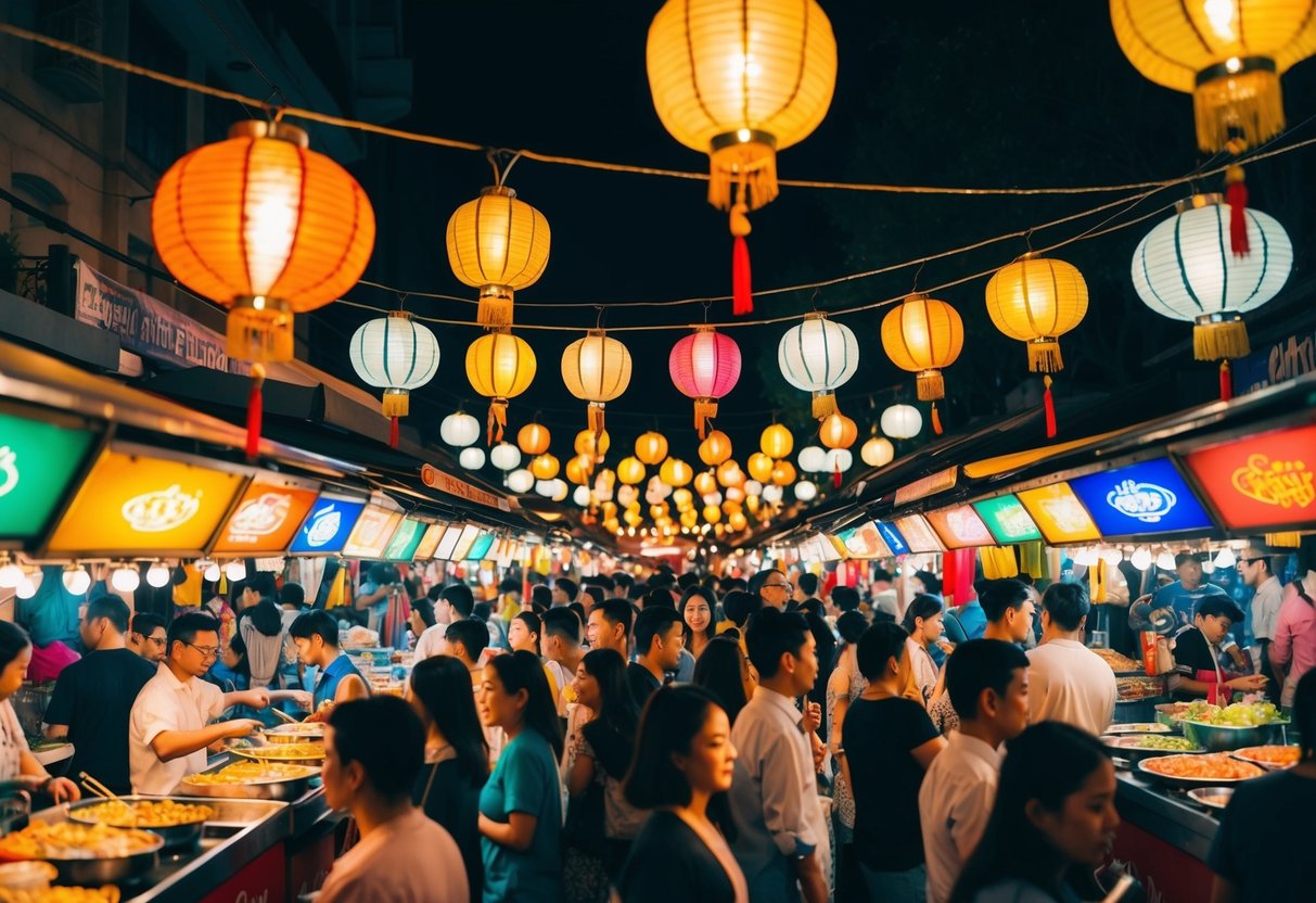 A bustling night market with colorful food stalls, glowing lanterns, and lively crowds enjoying live music and entertainment