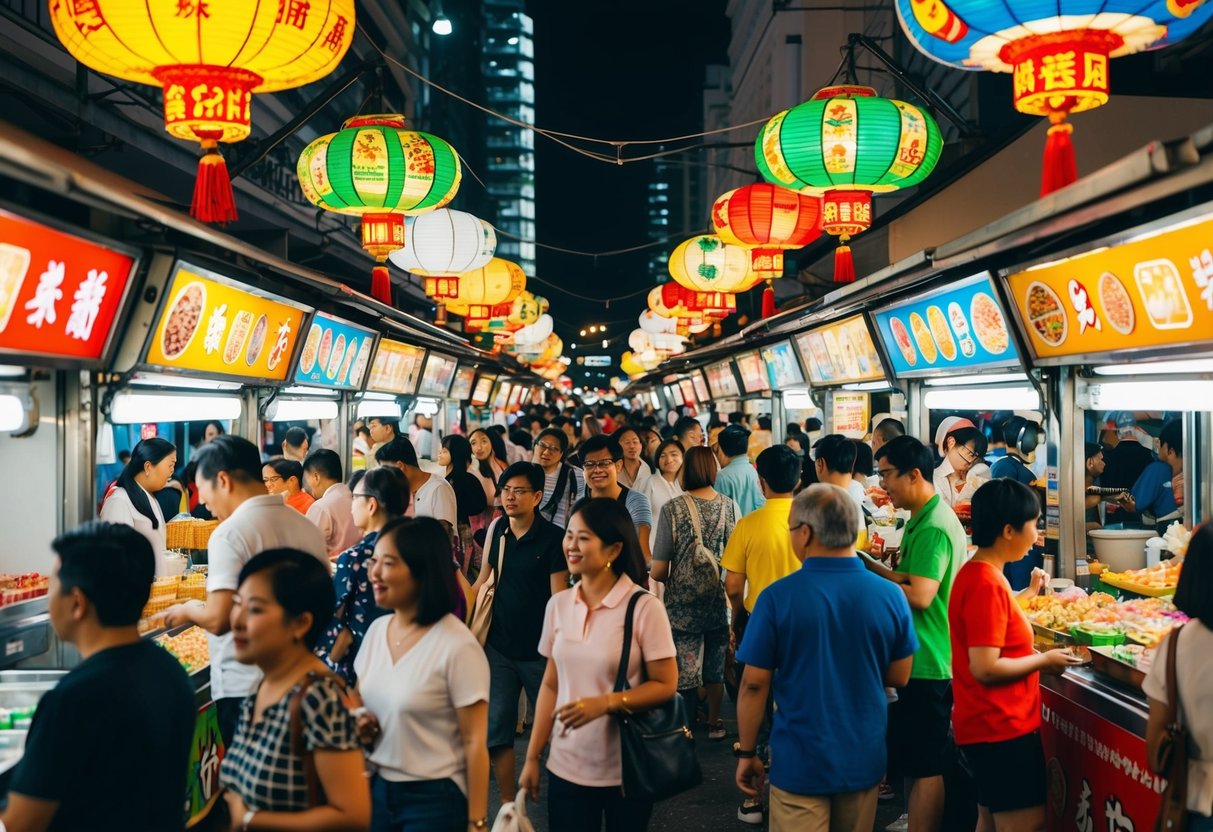A bustling Singaporean street market with colorful yatai food stalls and vibrant promotional displays, attracting a diverse crowd of locals and tourists