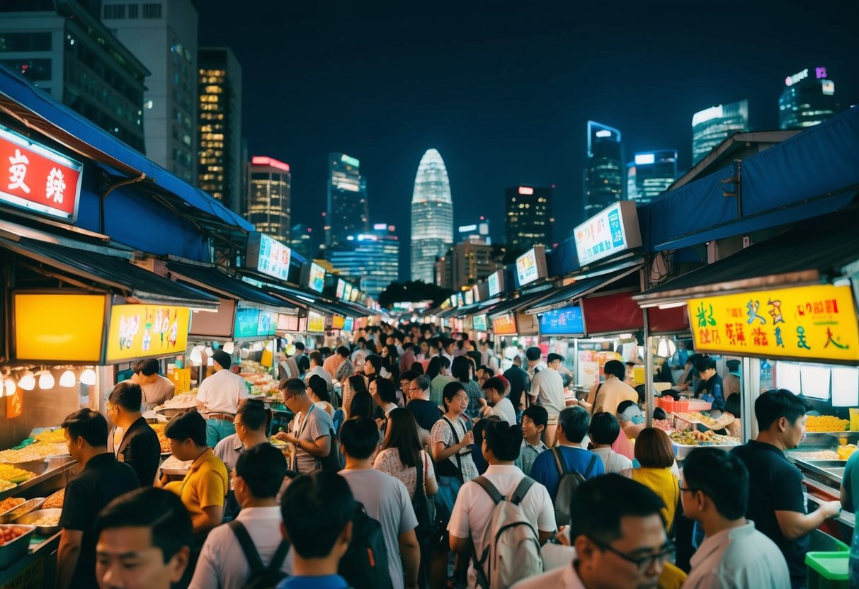 A bustling Singapore night market with colorful yatai food stalls and crowds of people