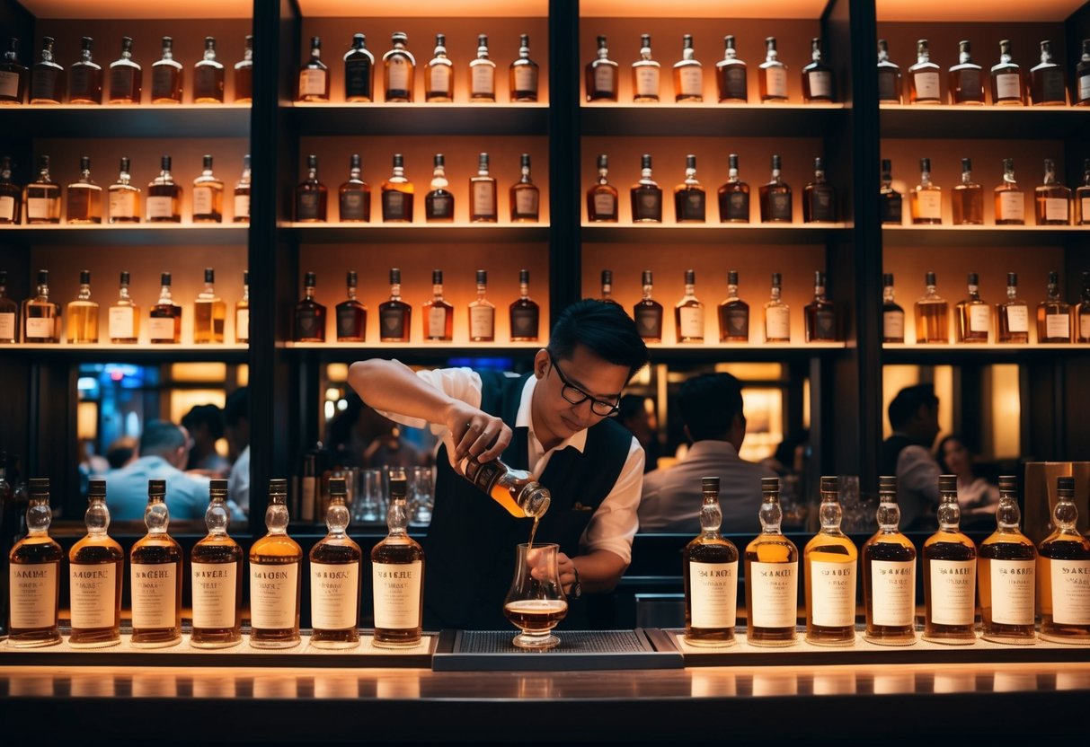A bustling Singapore bar with shelves of whisky bottles, illuminated by warm, ambient lighting. A bartender pours a dram for a customer at the center of the scene