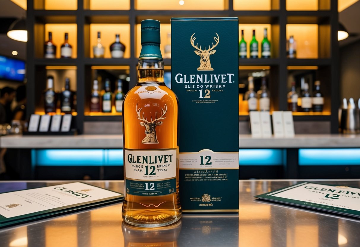 A bottle of Glenlivet 12 Year Old whisky displayed on a sleek, modern bar counter with promotional materials and branding in a bustling Singapore bar