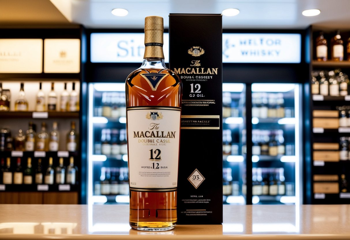 A bottle of Macallan Double Cask 12 Years Old whisky displayed with promotional signage in a Singaporean liquor store
