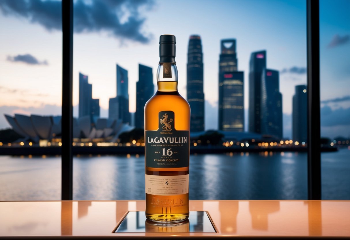 A bottle of Lagavulin 16 Year Old whisky displayed on a sleek, modern bar counter with a backdrop of the Singapore skyline at dusk