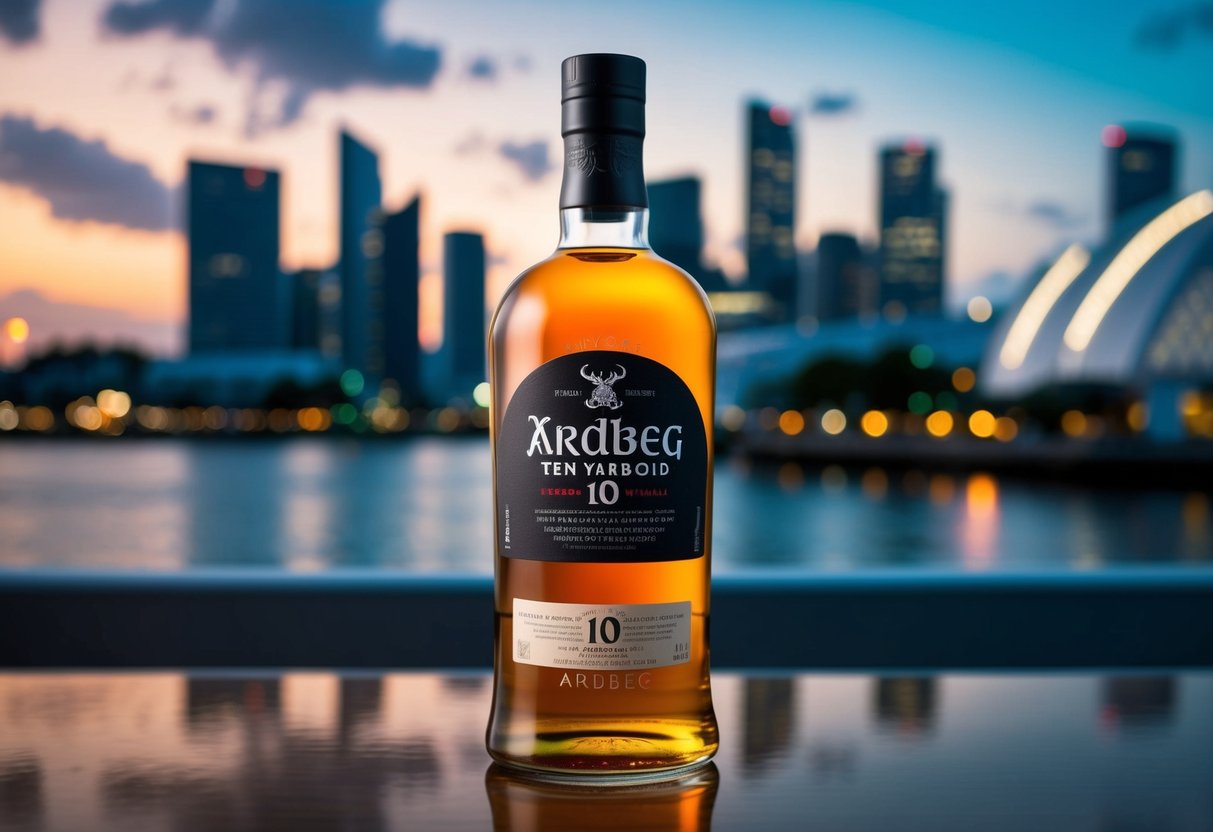 A bottle of Ardbeg Ten Years Old whisky displayed with Singapore skyline in the background
