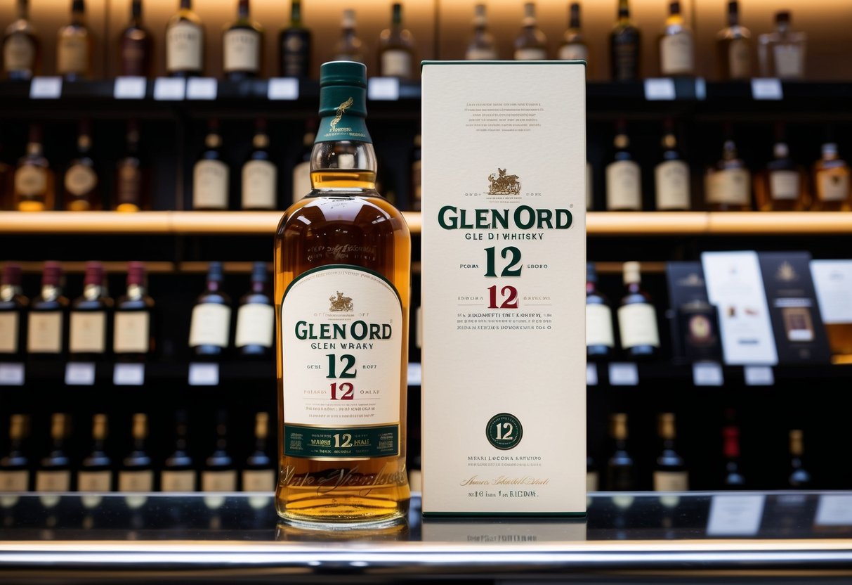 A bottle of Singleton of Glen Ord 12 Year Old whisky displayed with promotional materials in a Singaporean liquor store
