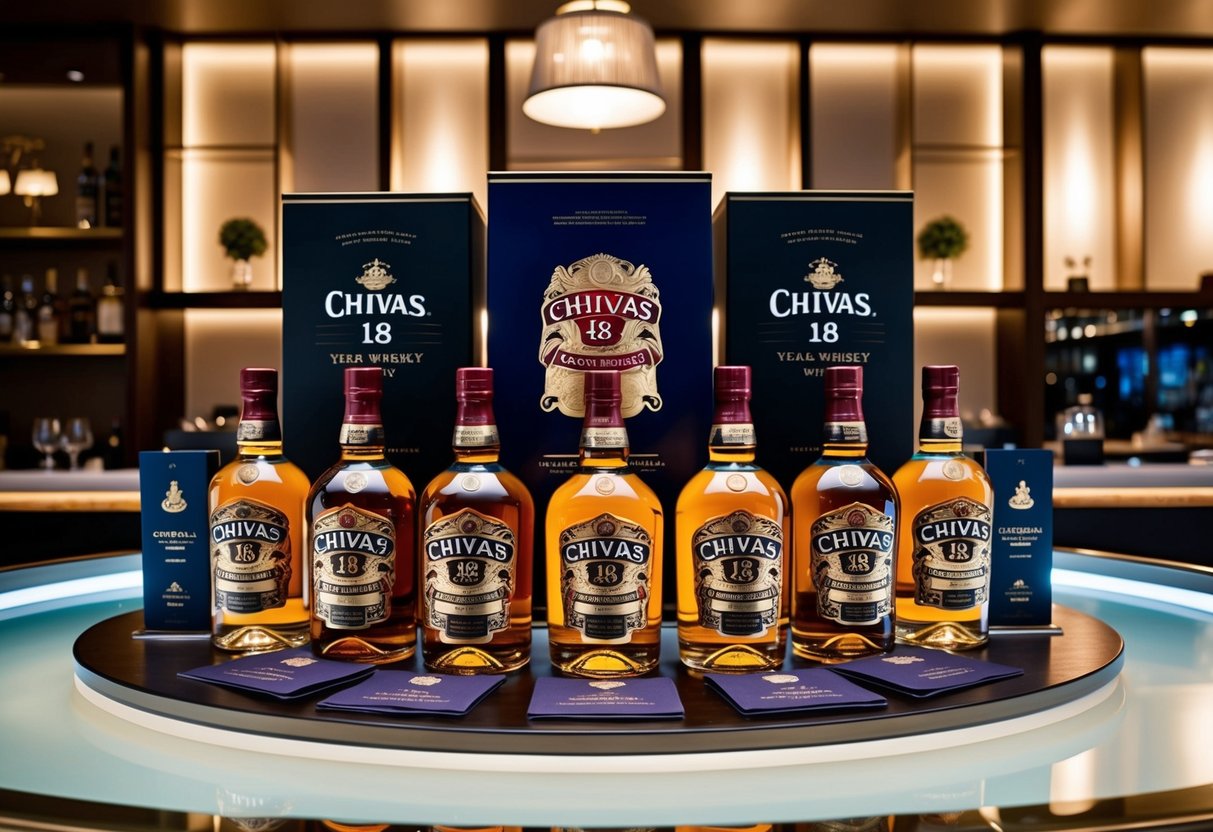 A luxurious display of Chivas Regal 18 Year Old whisky bottles surrounded by elegant promotional materials in a high-end Singaporean bar