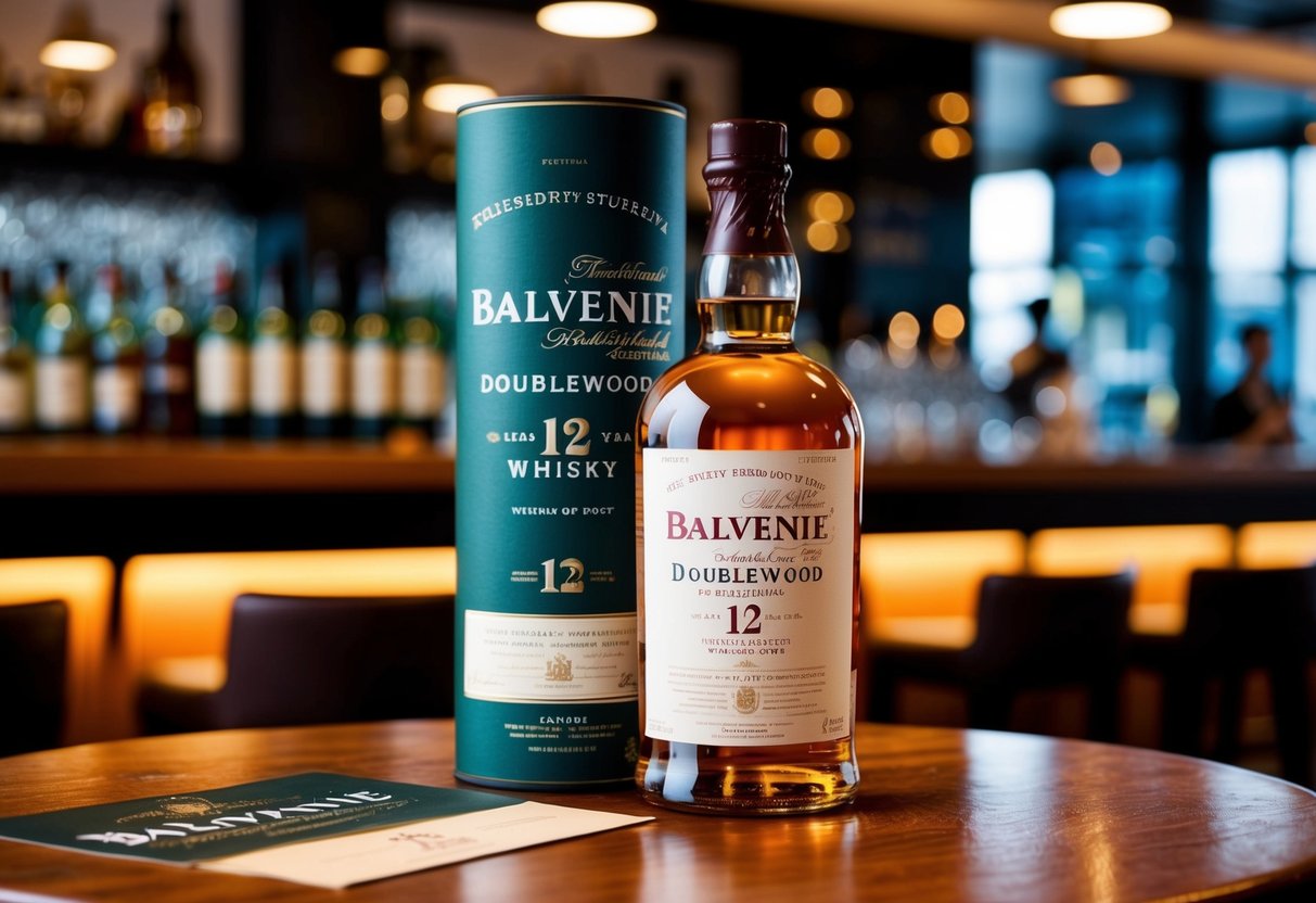 A bottle of Balvenie DoubleWood 12 Year Old whisky displayed on a wooden table with promotional materials in a Singaporean bar