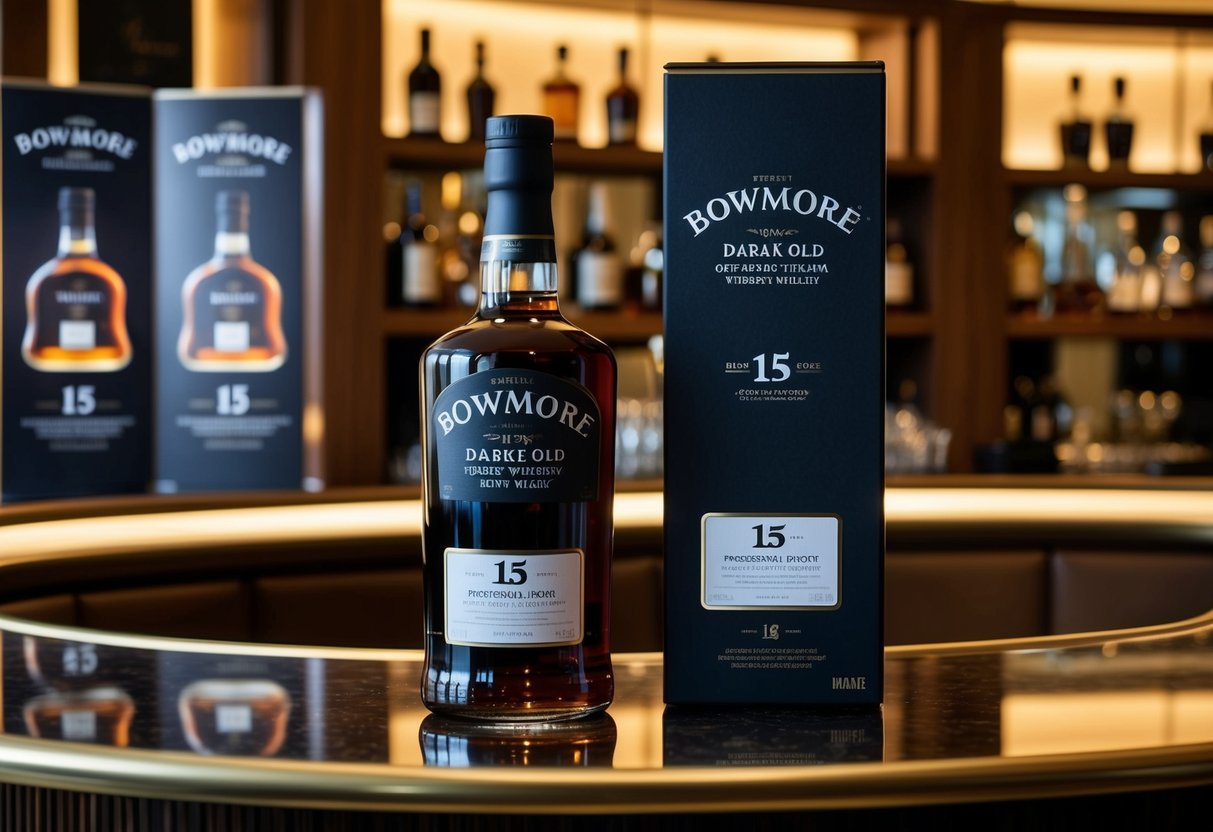 A bottle of Bowmore 15 Year Old Darkest whisky displayed on a luxurious bar counter with elegant promotional materials in a dimly lit Singaporean lounge