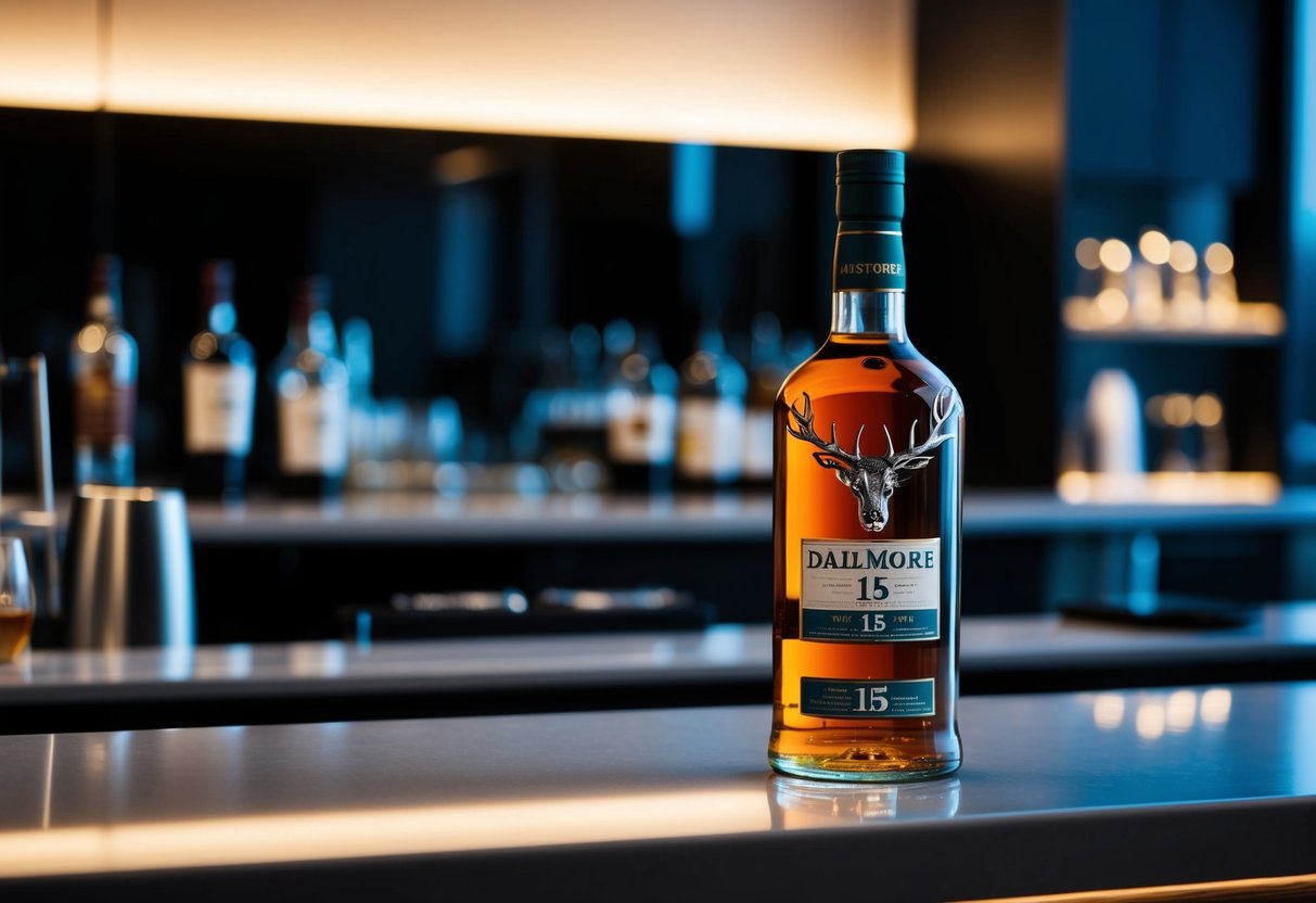 A bottle of Dalmore 15 Year Old whisky stands on a sleek, modern bar counter in a dimly lit, upscale Singaporean lounge