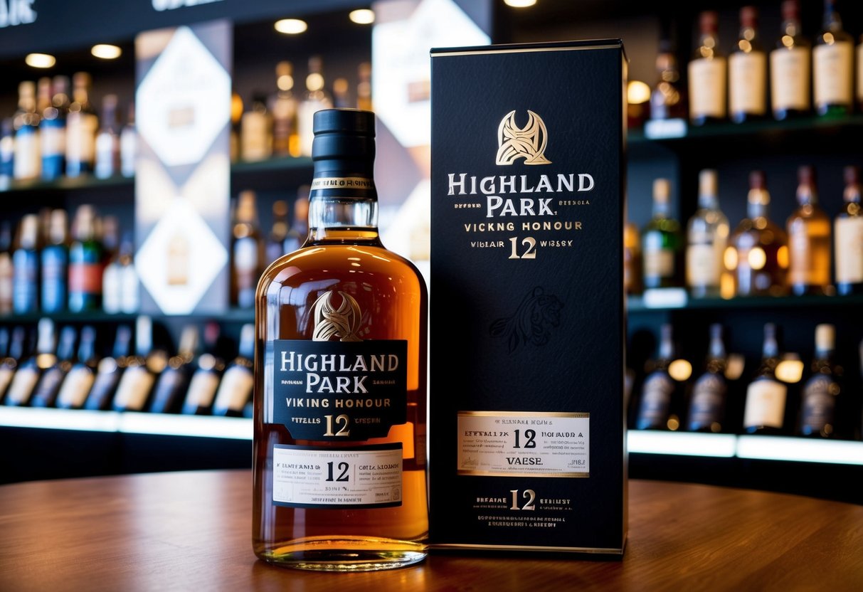 A bottle of Highland Park 12 Year Old Viking Honour whisky displayed with promotional materials in a Singaporean liquor store