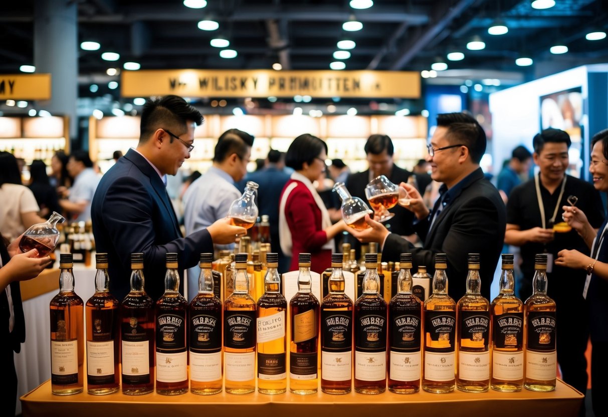 A bustling whisky promotion event in Singapore, with vendors showcasing various bottles and offering tastings to eager customers