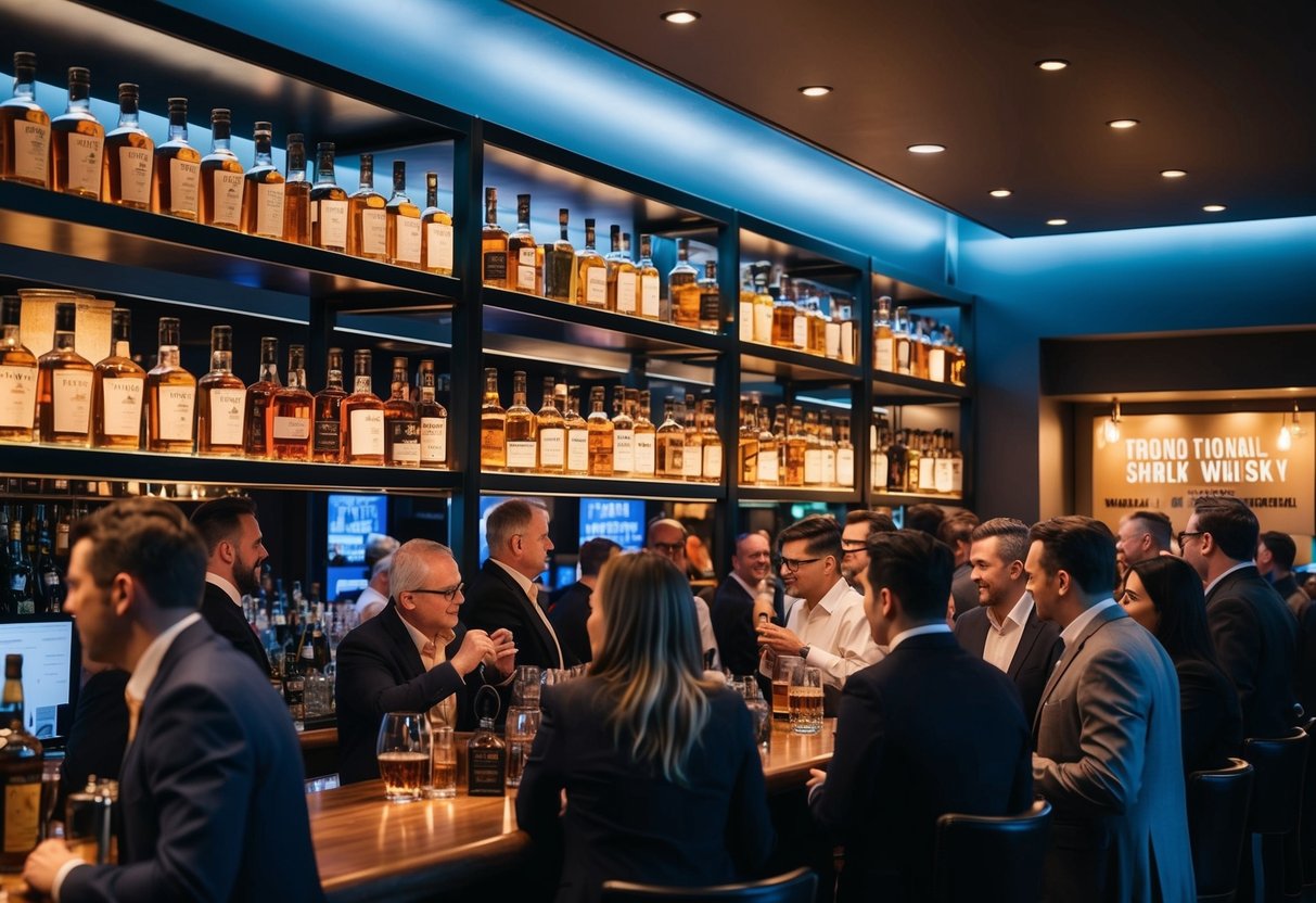 A crowded bar with shelves of whisky bottles, a promotional banner, and people chatting