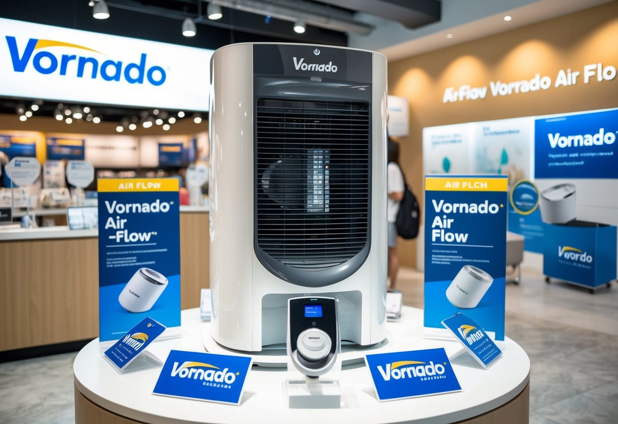 A sleek Vornado air flow product displayed in a modern Singaporean retail setting, surrounded by promotional materials and signage