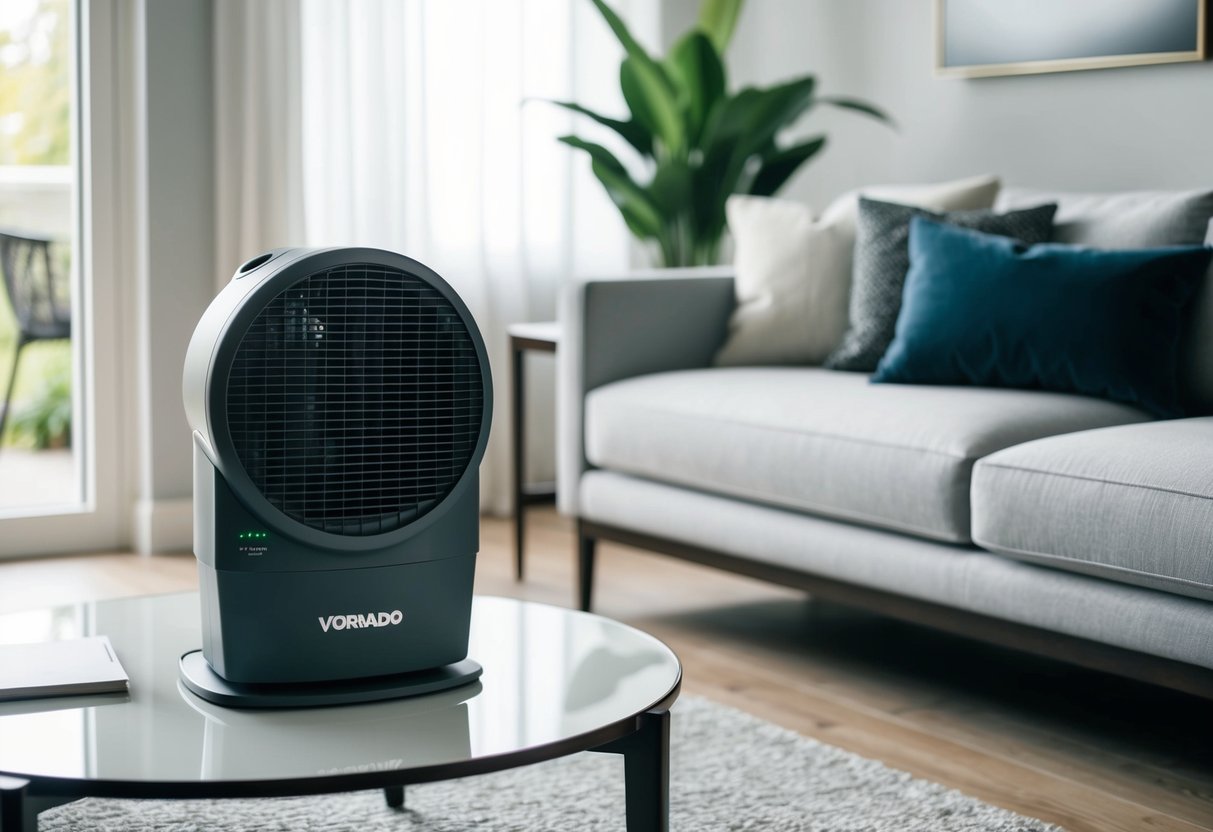 A Vornado Air Circulator 660 sits on a sleek table in a modern living room, gently circulating air and creating a comfortable environment