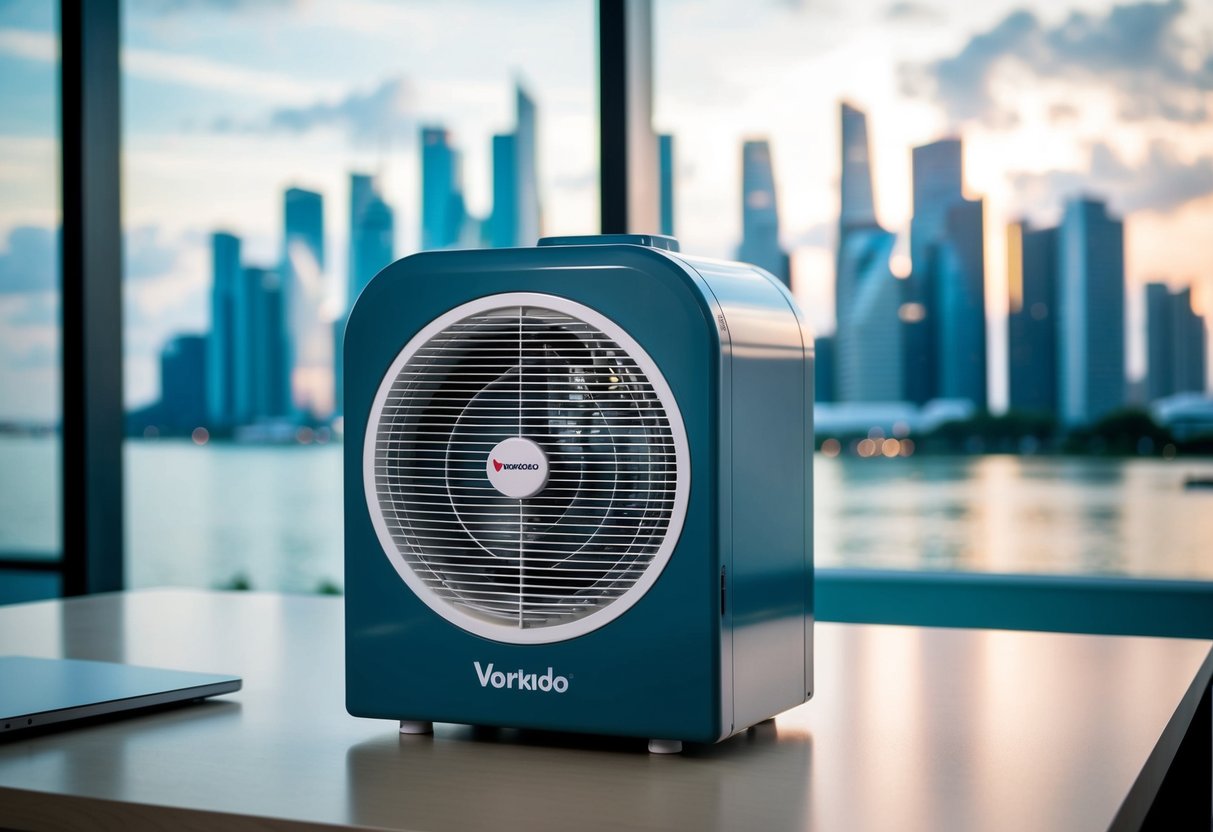 A Vornado 279T Air Circulator & Heater placed on a desk with a Singapore skyline in the background, showcasing its innovative air flow technology
