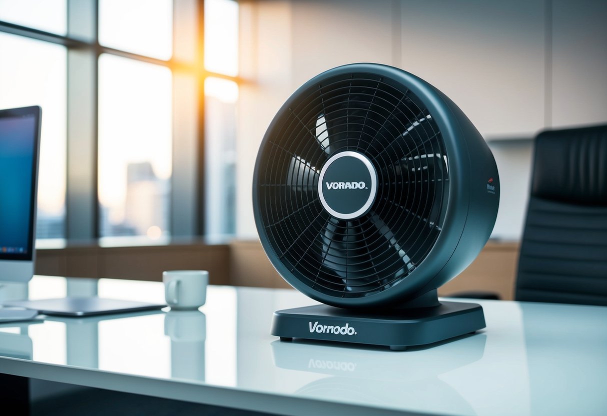 A Vornado Zippi Desk Fan sits on a sleek desk in a modern office space, with the innovative air flow product prominently displayed
