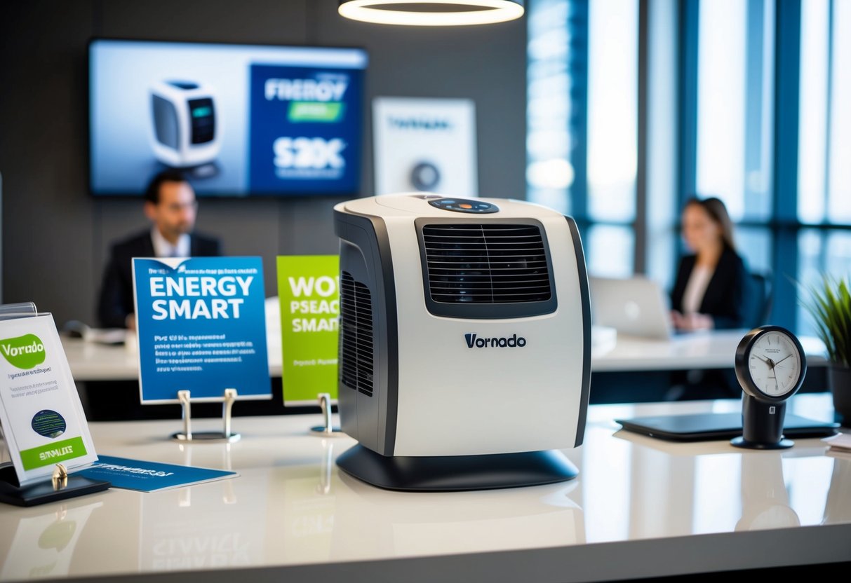 A Vornado Energy Smart 533DC Air Circulator sits on a sleek modern desk in a well-lit office space with promotional materials surrounding it
