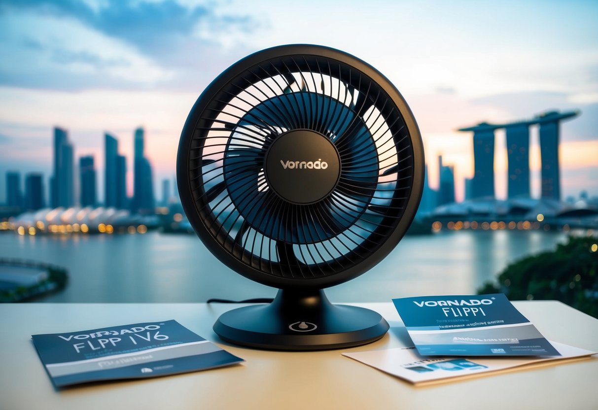 A sleek Vornado Flippi V6 fan sits on a desk, surrounded by promotional materials, against a backdrop of Singapore's skyline