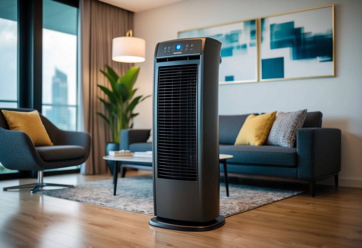 A Vornado 154 Tower Circulator stands prominently in a modern Singaporean living room, with sleek design and innovative air flow technology