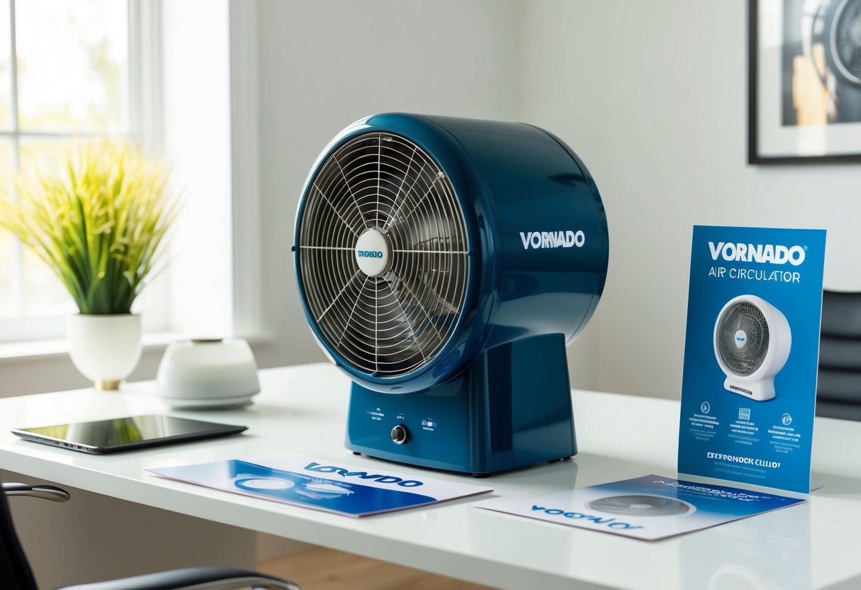 A vintage Vornado air circulator sits on a sleek modern desk in a brightly lit room, surrounded by promotional materials for the innovative product
