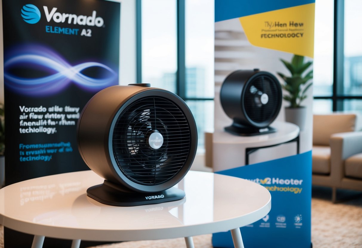 A sleek Vornado Element A2 Heater & Fan sits on a modern white table with a promotional banner in the background, showcasing its innovative air flow technology