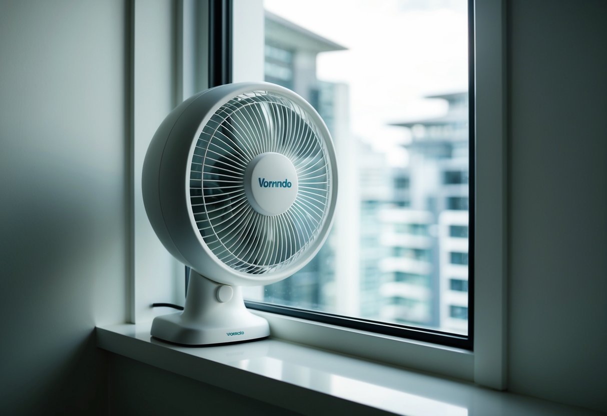 A Vornado TRANSOM Window Fan sits on a windowsill, circulating air in a modern Singapore apartment