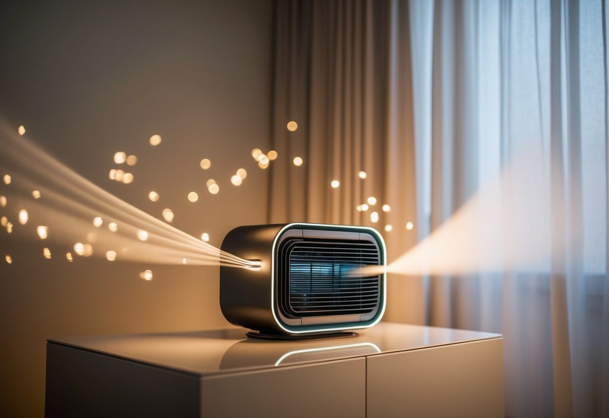 A sleek, modern air flow product sits atop a polished surface, surrounded by a soft, warm glow. The air flows smoothly and evenly around the room, creating a comfortable environment