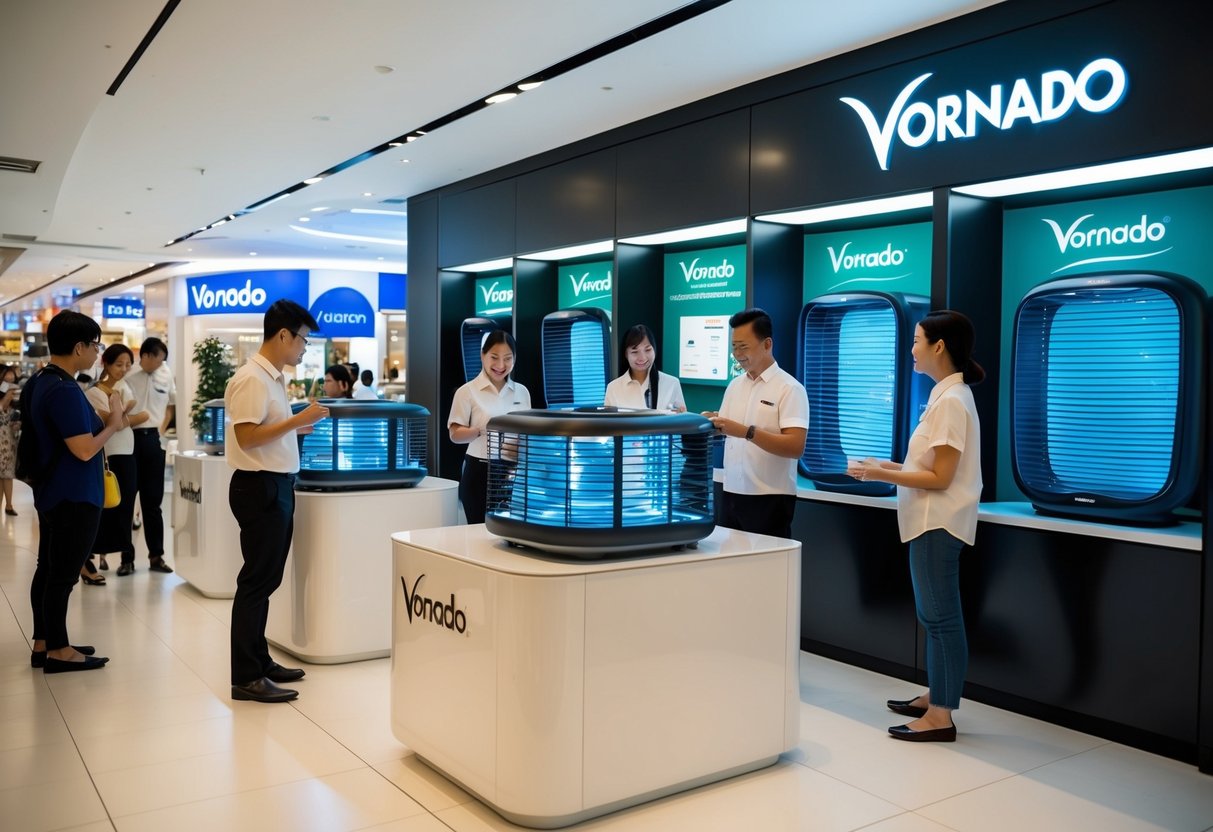 A bustling Singapore mall with Vornado products displayed in a sleek, modern booth. Customers interact with knowledgeable staff and experience the innovative air flow technology