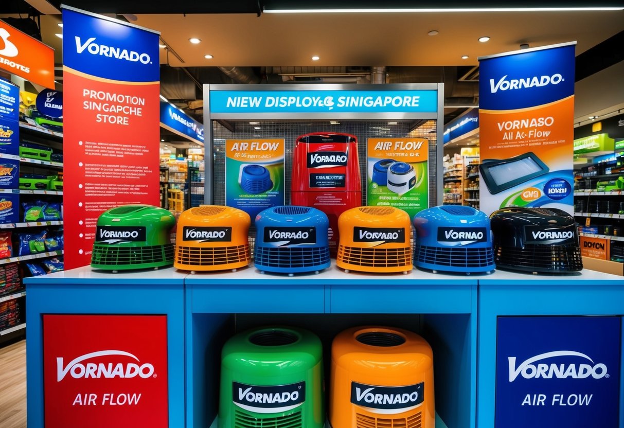 A colorful display of Vornado air flow products with promotional signage in a bustling Singapore store