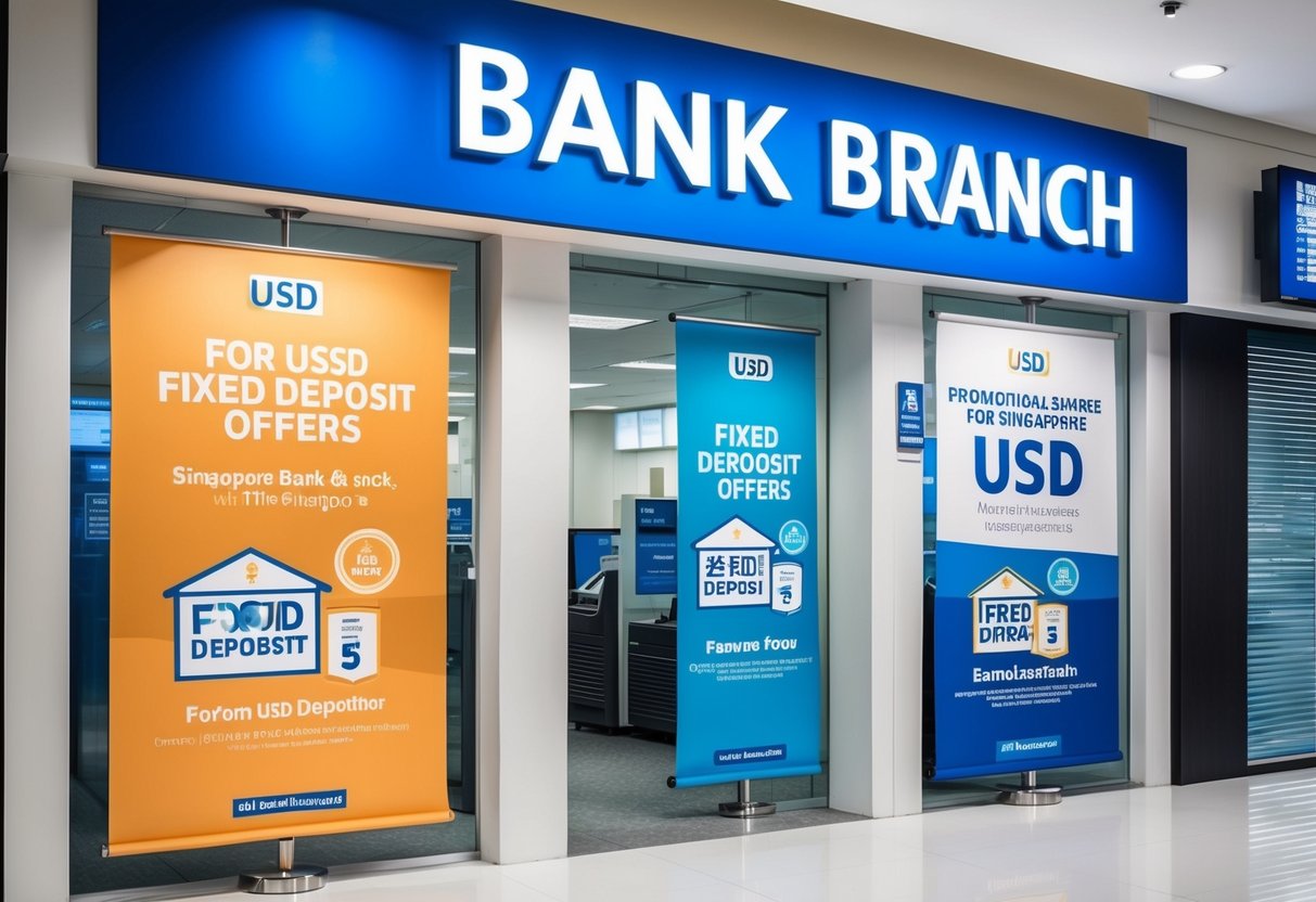 A bank branch in Singapore displaying promotional banners for USD fixed deposit offers