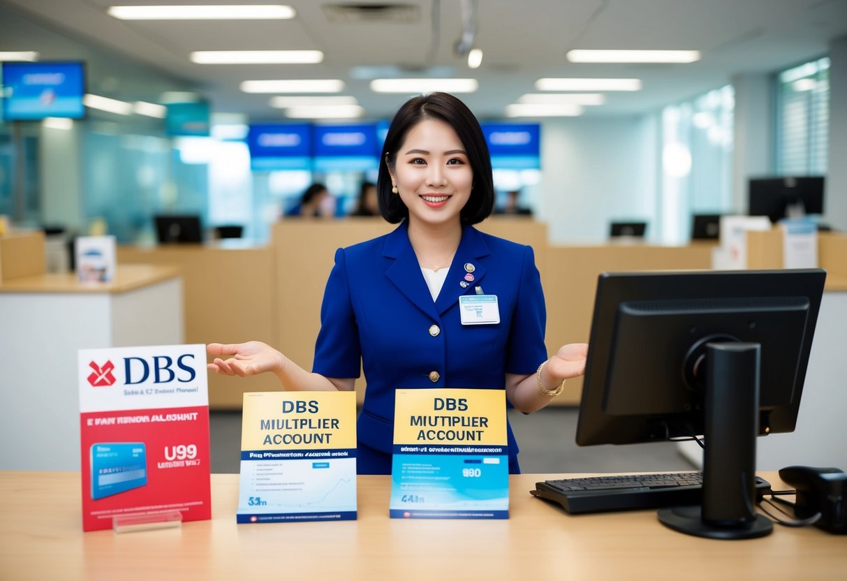 A bank teller presenting promotional materials for DBS Multiplier Account and USD fixed deposit in a Singapore branch