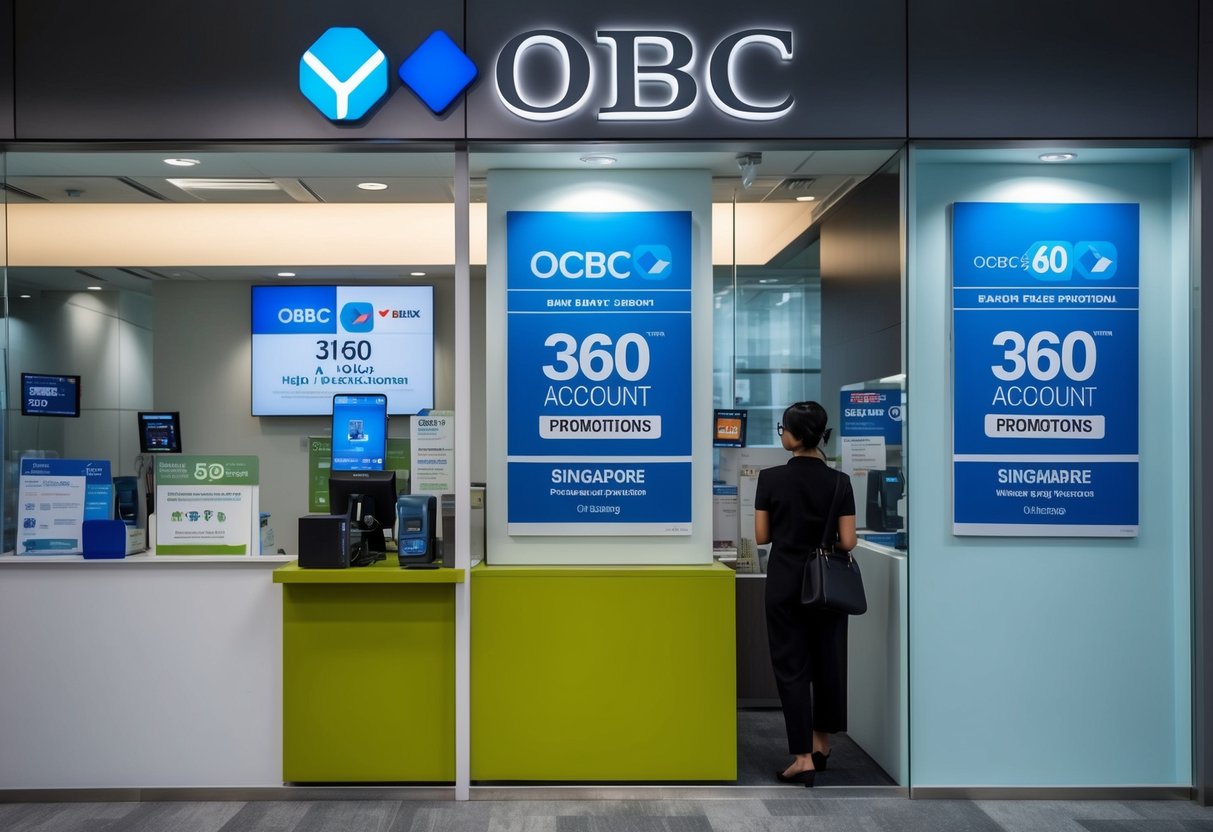 A bank branch with a prominent display of the OCBC 360 Account and USD fixed deposit promotions in Singapore