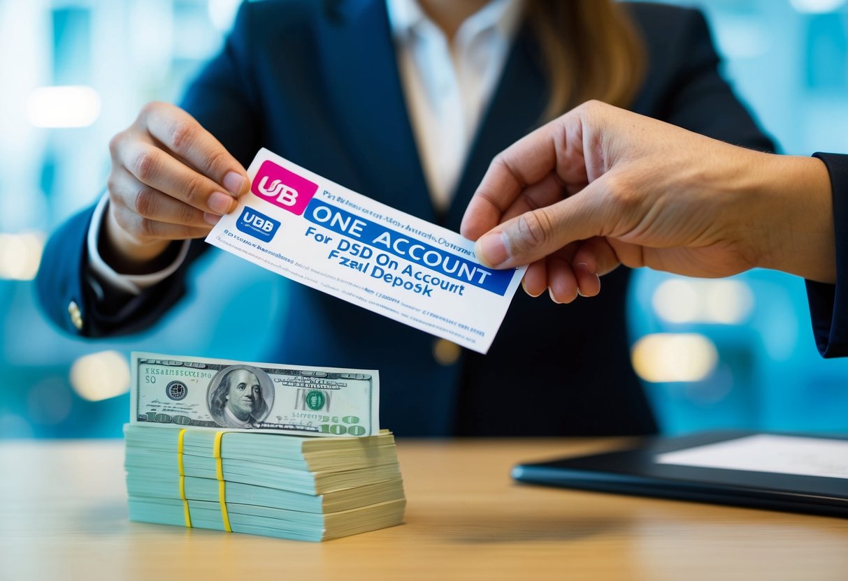 A bank teller handing over a promotional flyer for UOB One Account USD fixed deposit, with a stack of dollar bills in the background