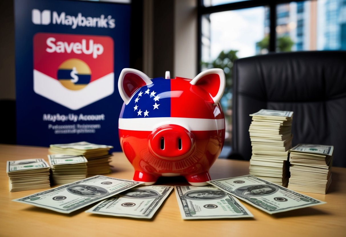 A piggy bank with a Singaporean flag design sits on a desk, surrounded by stacks of US dollars and a promotional banner for Maybank's SaveUp Account