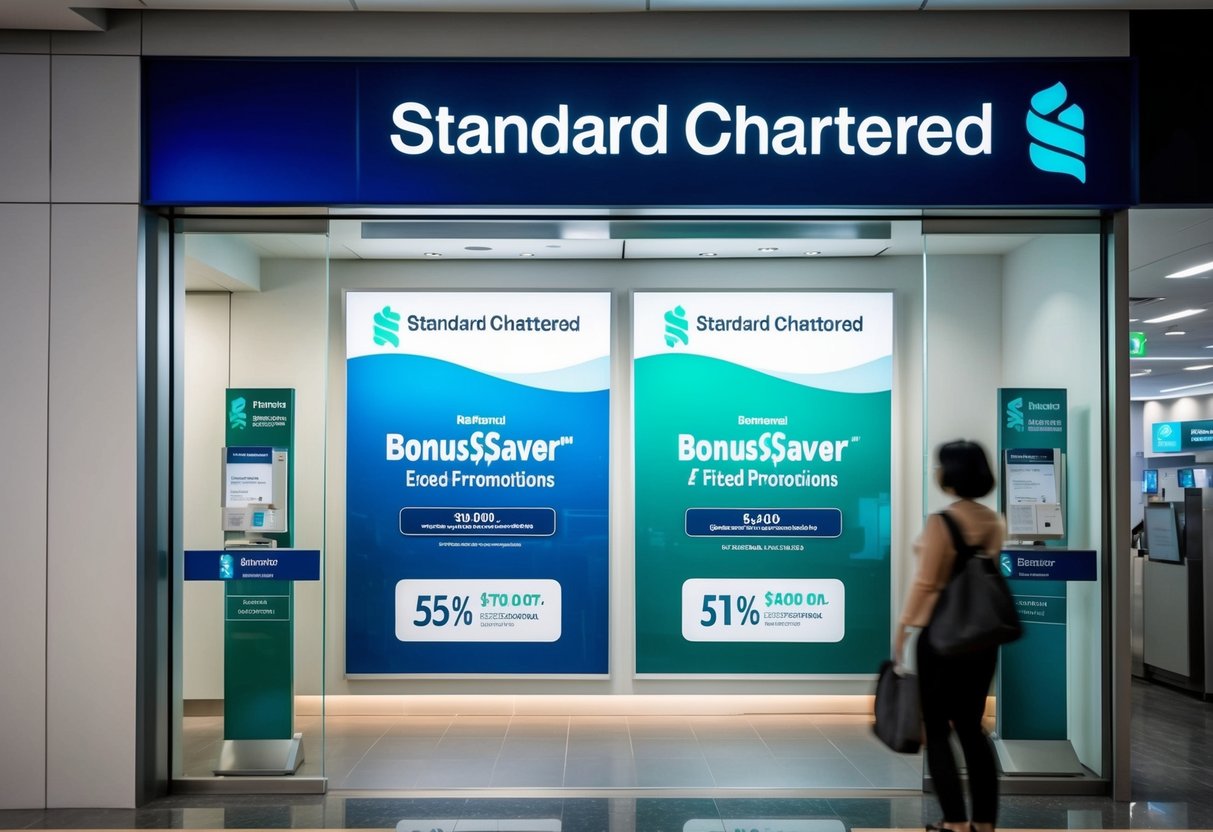 A bank branch with a prominent display of Standard Chartered Bonus$aver and fixed deposit promotions in Singapore